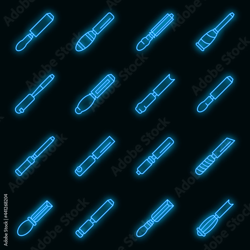 Chisel icons set. Outline set of chisel vector icons neon color on black