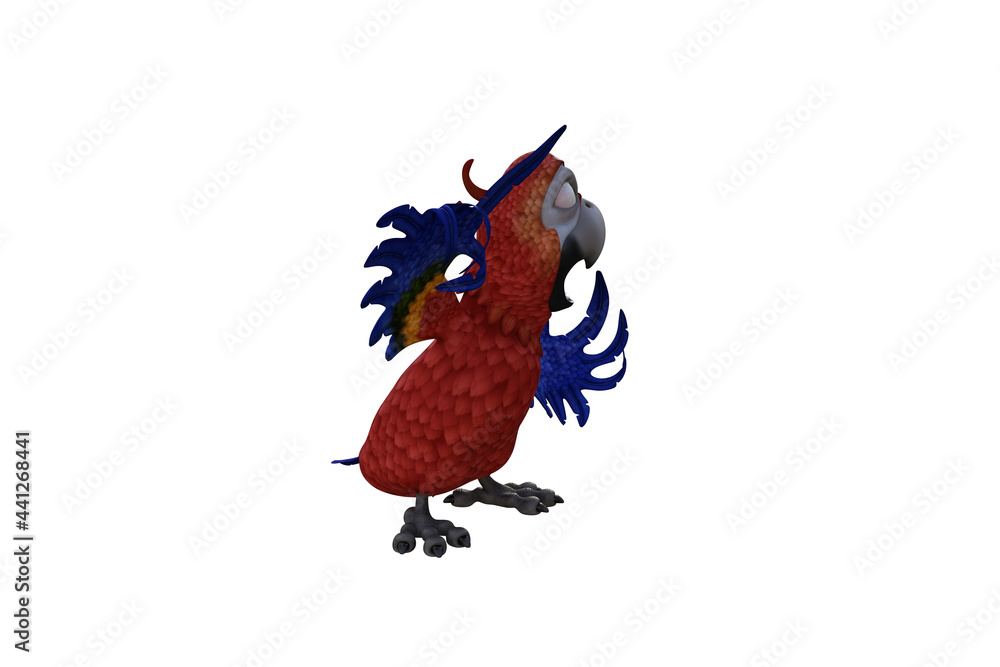 Fototapeta premium Funny parrot cartoon character isolated on white background. 3D figure, clip art as a template for collage. 3D rendering, 3D illustration.