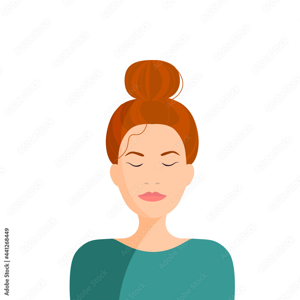 Young woman with red hair bun in green top. Colorful flat stock vector illustration.