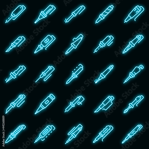 Soldering iron icons set. Outline set of soldering iron vector icons neon color on black