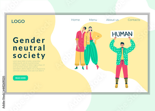 Group of three young happy gender neutral people. Androgynus teenagers, transgender, genderqueer. Banner with word Human. Landing page template. hand drawn illustrationration