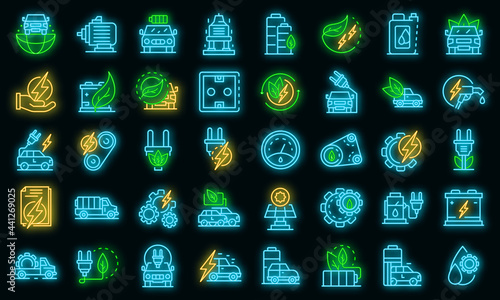Hybrid car icons set. Outline set of hybrid car vector icons neon color on black