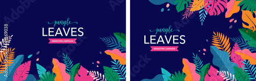 Hello Summer concept design, summer panorama, abstract illustration with jungle exotic leaves, colorful design, summer background and banner