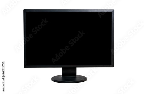 Computer monitor on a on a white background, blank black screen