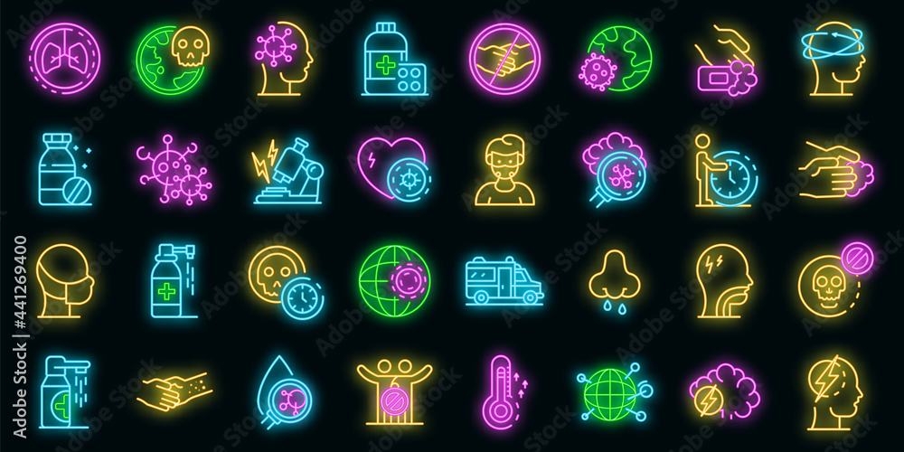Coronavirus icons set. Outline set of coronavirus vector icons neon color on black