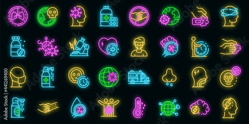 Coronavirus icons set. Outline set of coronavirus vector icons neon color on black