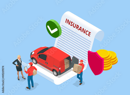 Isometric insurance policy concept. Logistics and Delivery. Delivery home and office. City logistics. Online Express, Free, Fast Delivery, Shipping. Protection from danger, providing security.