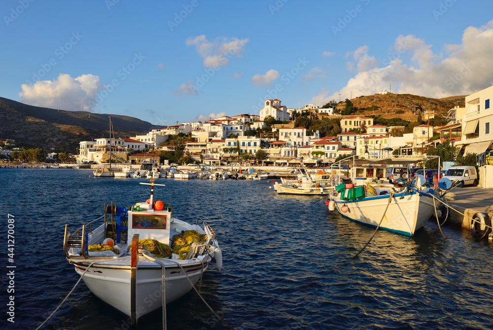 View of the marina of Batsi on the southern coast of the Greek island of Andros