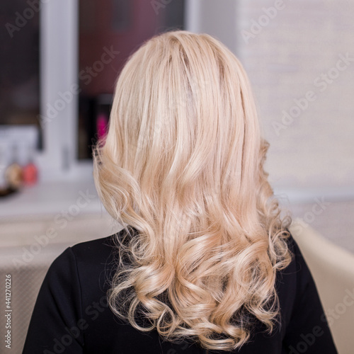  Female back with long curly blonde hair in hairdressing salon 