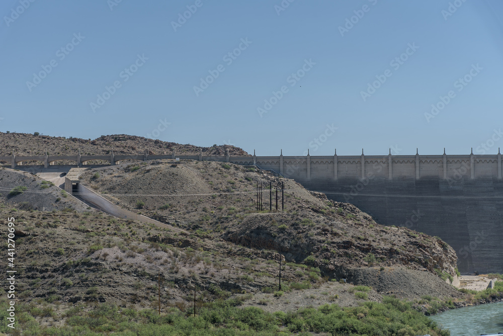 Elephant Butte Dam, New Mexico, during drought showing emergency spillway height. Water on back is several hundred feet from it. 
