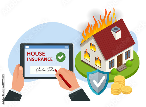 Isometric house insurance policy concept. House insurance business service. Property insurance policy signing. Protection from danger, providing security.