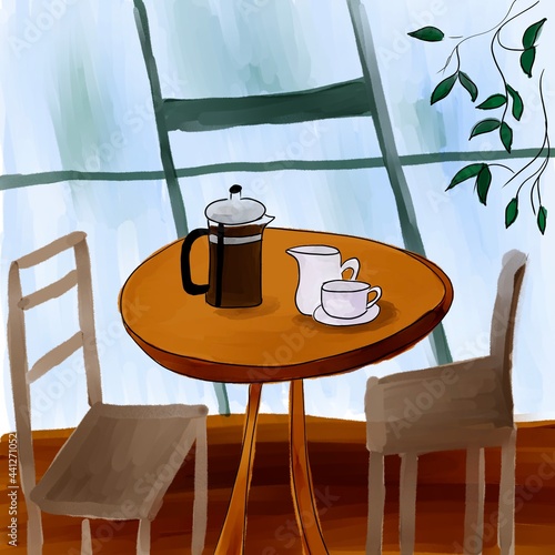 illustration with table and chairs in cafe