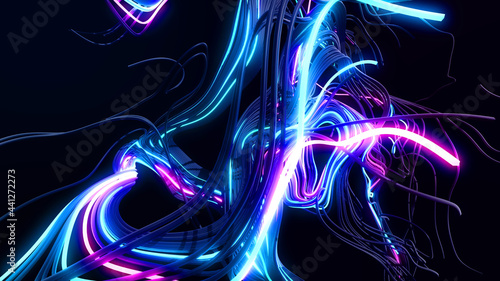 3d render. Abstract bg with lines. Multicolor flash of curved lines. Concept of computing neural network, artificial intelligence, AI. Neon lights like garland or lightnings. photo