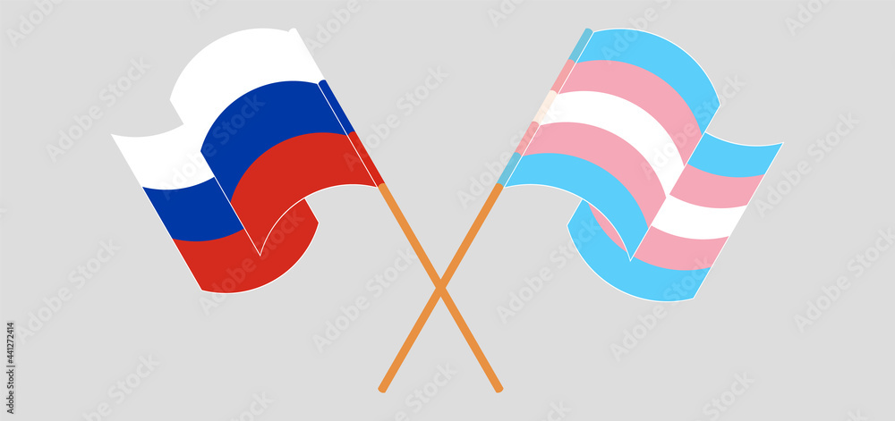 Crossed and waving flags of Russia and Transgender Pride