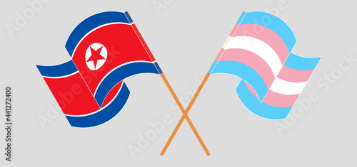 Crossed and waving flags of North Korea and Transgender Pride