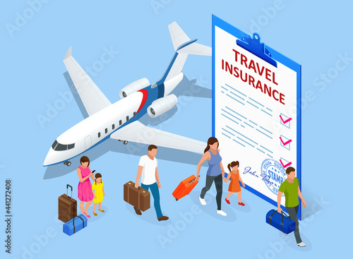 Insurance policy, booking travel insurance. Isometric travel agent ticket safe plan trip holiday model insurance money concept Protection from danger, providing security. Travel Aviation Insurance