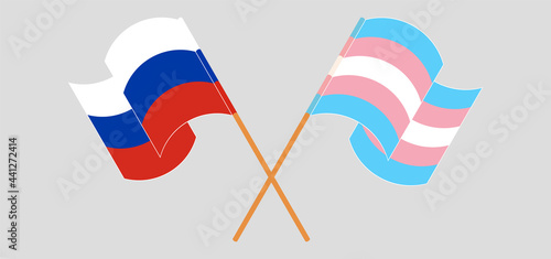 Crossed and waving flags of Russia and Transgender Pride