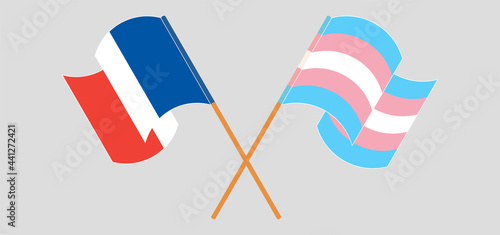 Crossed and waving flags of France and Transgender Pride