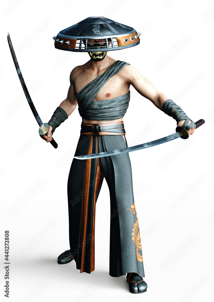 Portrait of a Samurai Japanese warrior senshi wielding two katana's on a isolated white background. 3d rendering Portrait of a Samurai Japanese warrior senshi wielding two katana's on a isolated white background. 3d rendering