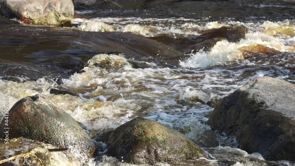 Stream running fast in spring green forest. River with small waterfall. Stones and logs covered with moss. slow motion video 4k Stream running fast in spring green forest. River with small waterfall. Stones and logs covered with moss. slow motion video 4k