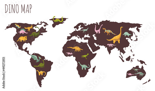 World map of dinosaurs. Habitat of prehistoric reptiles.Dino card.Hand drawn cute animals.Childish paleontology.Sketch Jurassic lizard girls.Educational illustration. 