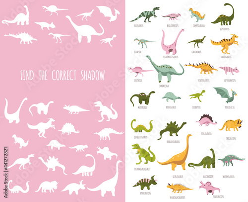 Paleontology for kids.Hand drawn cute dinosaurs.Find the correct shadow. Educational matching game.Childish mini board game for development.Entertainment play.Jurassic reptiles vocabulary.Vector