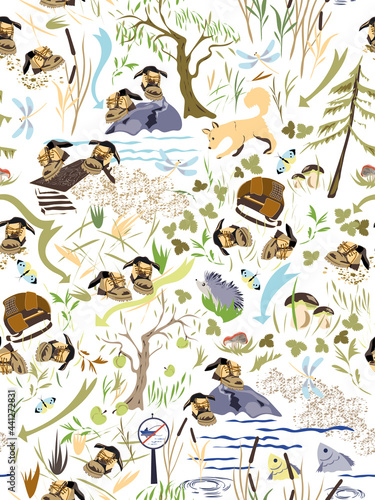 Vector seamless pattern Hot Noon Hike, go for a walk, get out for fresh air, find and follow your favorite trek. EPS10, for travel mats, kids play mats, combine the elements in spot illustrations.
