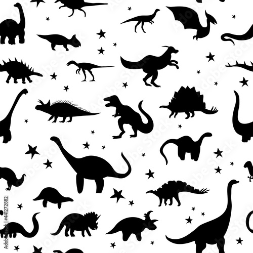 Seamless pattern with cute silhouette dinosaurs.Jurassic mesozoic reptiles footprint.Various dino characters.Prehistoric illustration with animals and stars.Childish monochrome print wrapping paper
