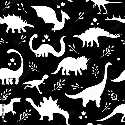 Seamless pattern with cute silhouette dinosaurs.Jurassic,mesozoic reptiles,footprint.Various dino characters.Prehistoric illustration with animals and leaves.Childish monochrome print,wrapping paper