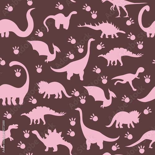 Seamless pattern with cute silhouette dinosaurs.Jurassic mesozoic reptiles footprint.Various dino characters.Prehistoric illustration with herbivores and predator animals.Childish print wrapping paper