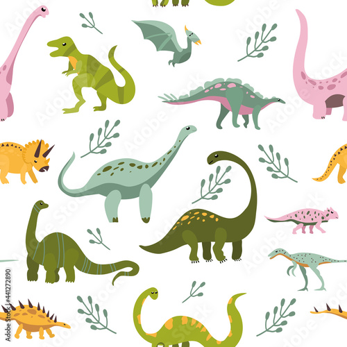 Seamless pattern with cute hand drawn dinosaurs.Sketch Jurassic mesozoic reptiles.Various dino characters.Prehistoric illustration with herbivores and predator animals.Childish print wrapping paper