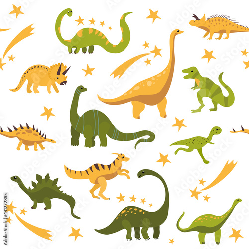 Fototapeta Naklejka Na Ścianę i Meble -  Seamless pattern with cute hand drawn dinosaurs.Sketch Jurassic,mesozoic reptiles.Various dino characters.Prehistoric illustration with herbivores and predator animals.Childish print,wrapping paper