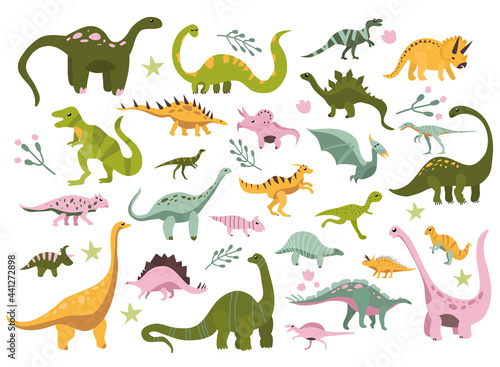 Various dino characters set.Cute hand drawn dinosaurs.Sketch Jurassic Mesozoic reptiles.Prehistoric illustration with herbivores and predator animals.Childish print baby shower illustration.Collection