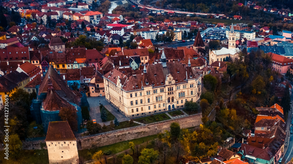 Aerial view of colorful Sighisoara cityscape
