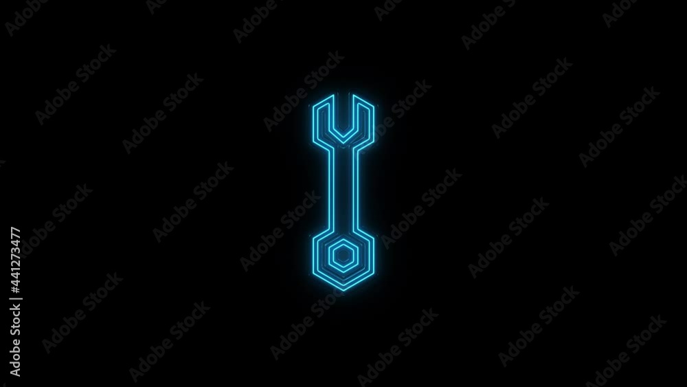 Glowing neon line Wrench icon isolated on black background. Spanner repair tool. Service tool symbol. 4K Glowing neon line Wrench icon isolated on black background. Spanner repair tool. Service tool symbol. 4K