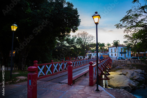 Ponte do Carmo na cidade de Pirenópolis em Goiás sobre o Rio das Almas, feita em madeira e pintada nas cores vermelho e branco. photo