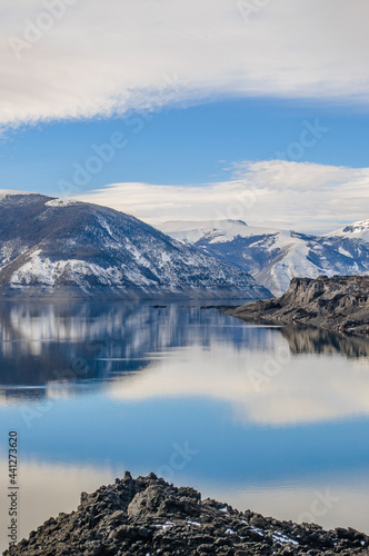 reflections of snowy mountains in the lake