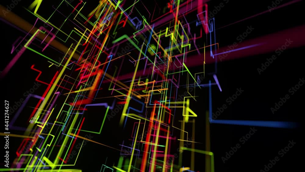 Connection concept, neural network or AI, visualization of multiple calculations of various branches. Sci-fi looped background, abstract hologram. Multicolor neon glow lines form digital 3d space. Connection concept, neural network or AI, visualization of multiple calculations of various branches. Sci-fi looped background, abstract hologram. Multicolor neon glow lines form digital 3d space.