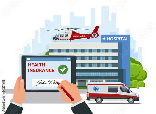 Isometric Health insurance concept. Healthcare, finance and medical service. Medical Document Form. Paperwork and questionnaire for insurance concepts