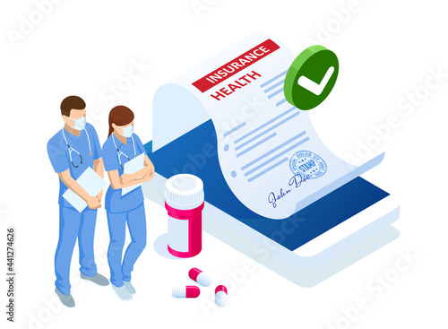 Isometric Health insurance concept. Healthcare, finance and medical service. Medical Document Form. Paperwork and questionnaire for insurance concepts