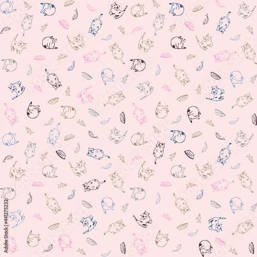 House cat seamless pattern with soft pink background. Funny cat illustration in vector in pastel colors. Home decor print. Children room decor