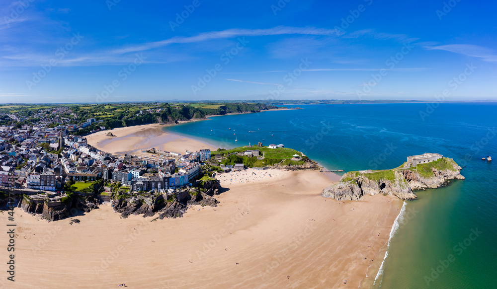 Aerial view of the beach and coastline of Tenby, Wales