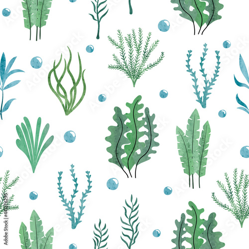 Seamless green seaweeds pattern. Underwater algae. Vector watercolor marine background.	