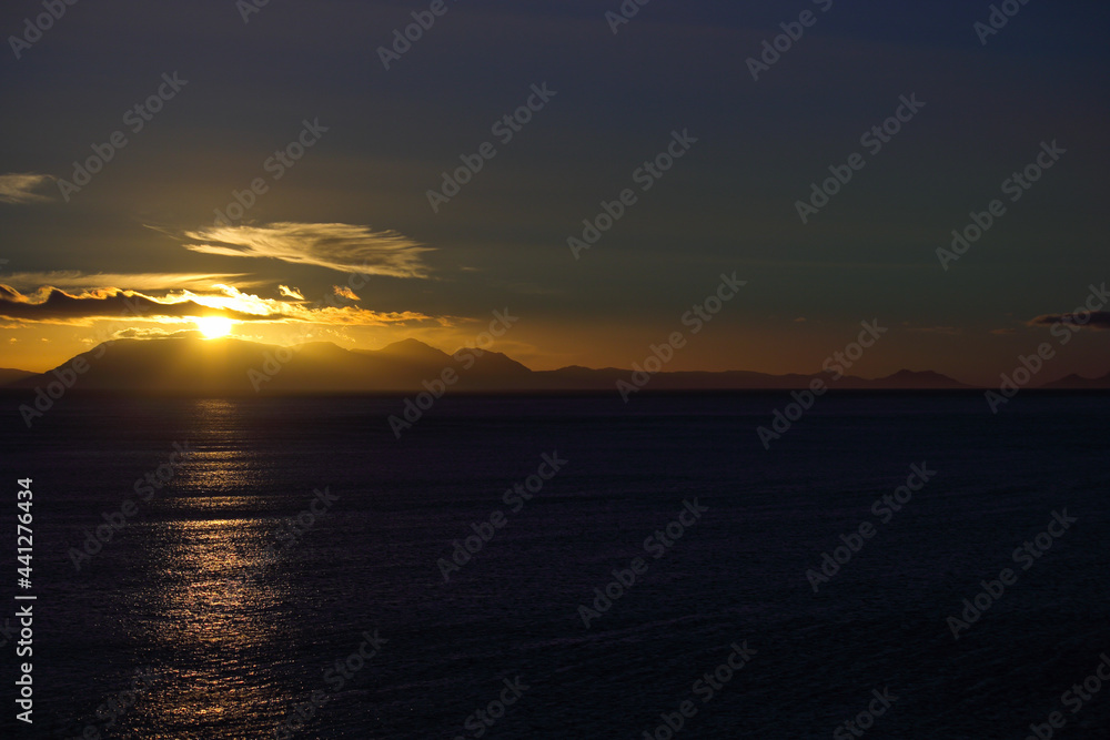Ocean Sunset Over Water With Mountain Horizon, Cape Town, South Africa