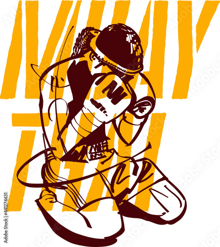 the vector black ink illustration of the Muay Thai fighter