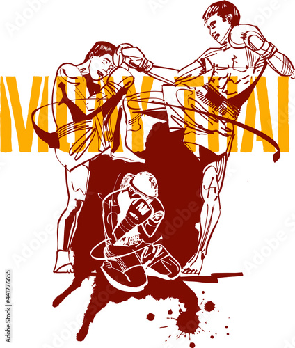 the vector black ink illustration of the Muay Thai fighter