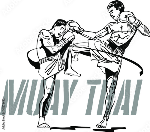 the vector black ink illustration of the Muay Thai fighter