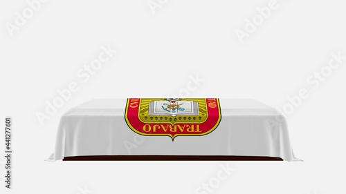 Side View of a Casket on a White Background covered with the Flag of Mexico State