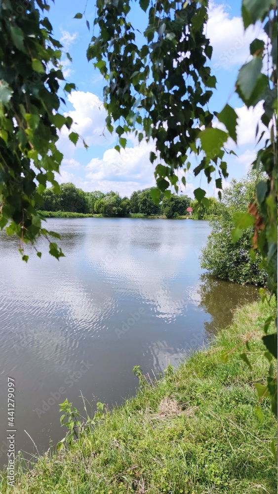 Landscape with a lake and clouds on the sky in the summer season