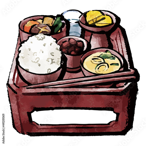イラスト素材：お供え物　御霊供膳（おりくぜん）　器　カラーイラスト　セット